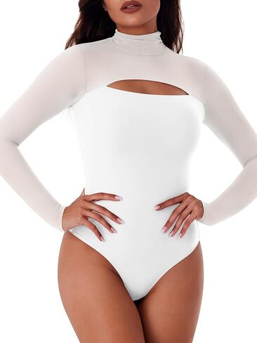 REORIA Women's Sexy Cutout Turtle Neck Long Sleeve Sheer Mesh Thong Bodysuits Tops Trendy Fall Going Out Outfits in Saudi Arabia