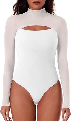 REORIA Women's Sexy Cutout Turtle Neck Long Sleeve Sheer Mesh Thong Bodysuits Tops Trendy Fall Going Out Outfits in Saudi Arabia