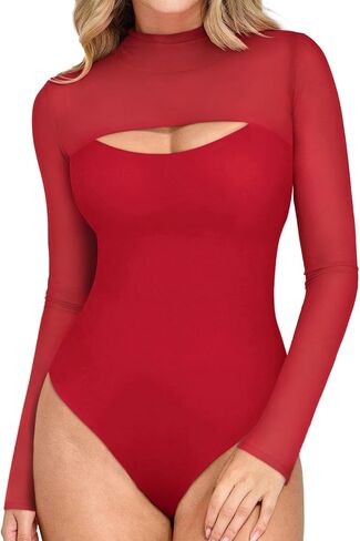 REORIA Women's Sexy Cutout Turtle Neck Long Sleeve Sheer Mesh Thong Bodysuits Tops Trendy Fall Going Out Outfits in Saudi Arabia