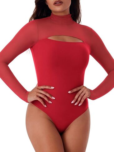 REORIA Women's Sexy Cutout Turtle Neck Long Sleeve Sheer Mesh Thong Bodysuits Tops Trendy Fall Going Out Outfits in Saudi Arabia