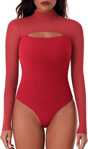 REORIA Women's Sexy Cutout Turtle Neck Long Sleeve Sheer Mesh Thong Bodysuits Tops Trendy Fall Going Out Outfits in Saudi Arabia