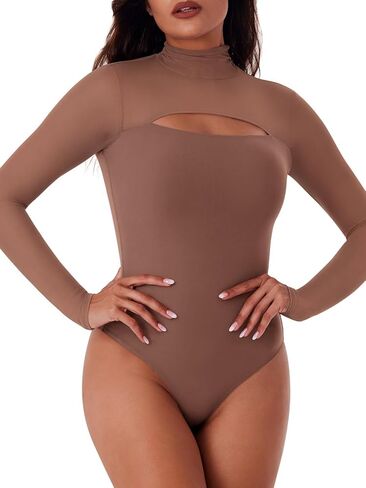 REORIA Women's Sexy Cutout Turtle Neck Long Sleeve Sheer Mesh Thong Bodysuits Tops Trendy Fall Going Out Outfits in Saudi Arabia
