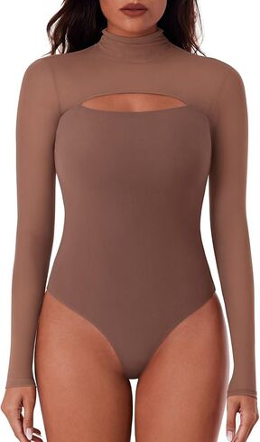 REORIA Women's Sexy Cutout Turtle Neck Long Sleeve Sheer Mesh Thong Bodysuits Tops Trendy Fall Going Out Outfits in Saudi Arabia