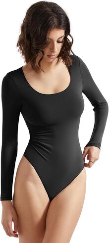 SUUKSESS Women Double Line Scoop Neck Thong Bodysuit Round Neck Long Sleeve Tops in Saudi Arabia