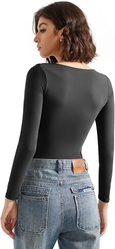 SUUKSESS Women Double Line Scoop Neck Thong Bodysuit Round Neck Long Sleeve Tops in Saudi Arabia