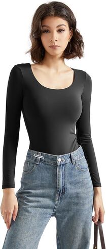 SUUKSESS Women Double Line Scoop Neck Thong Bodysuit Round Neck Long Sleeve Tops in Saudi Arabia