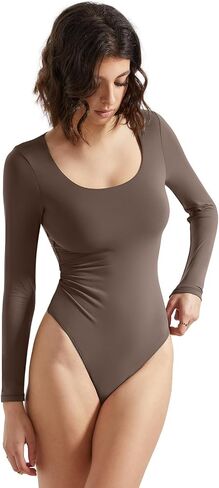 SUUKSESS Women Double Line Scoop Neck Thong Bodysuit Round Neck Long Sleeve Tops in Saudi Arabia