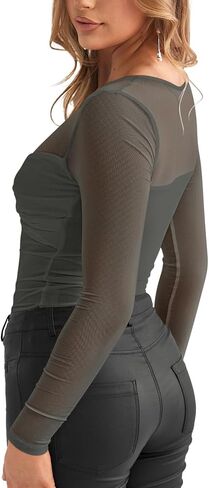 REORIA Women's Sexy Round Neck Long Sleeve Trendy Front Twist Knot Sheer Mesh Ruched Going Out Bodysuits Tops in Saudi Arabia
