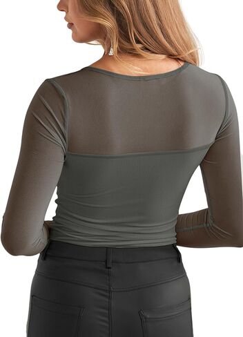 REORIA Women's Sexy Round Neck Long Sleeve Trendy Front Twist Knot Sheer Mesh Ruched Going Out Bodysuits Tops in Saudi Arabia