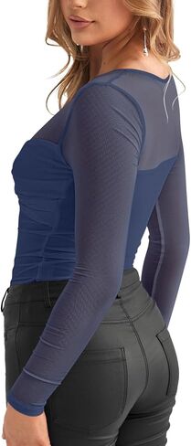 REORIA Women's Sexy Round Neck Long Sleeve Trendy Front Twist Knot Sheer Mesh Ruched Going Out Bodysuits Tops in Saudi Arabia