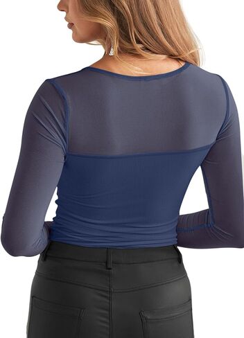 REORIA Women's Sexy Round Neck Long Sleeve Trendy Front Twist Knot Sheer Mesh Ruched Going Out Bodysuits Tops in Saudi Arabia