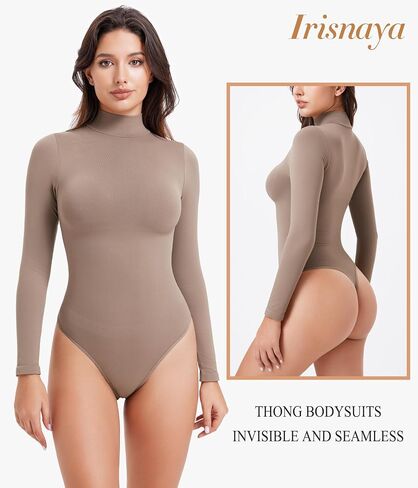 Irisnaya Women's Mock Turtleneck Long Sleeve Bodysuit Thong High Neck Body Suits Tops in Kuwait