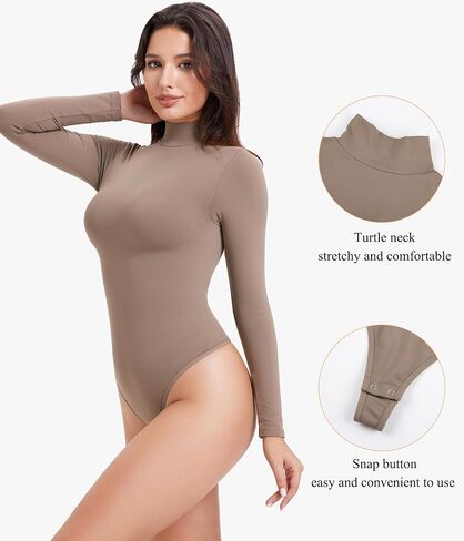 Irisnaya Women's Mock Turtleneck Long Sleeve Bodysuit Thong High Neck Body Suits Tops in Kuwait