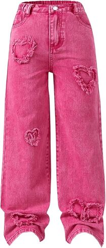 SHENHE Girl's Y2K Heart Applique Elastic High Waist Jeans Wide Leg Loose Denim Pants in Saudi Arabia