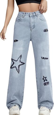 Baggy Jeans for Women Teen Girls High Waist Straight Leg Stretch Y2K Denim Pants Loose Fit Letter Print Cute Boyfriend Jeans in Kuwait
