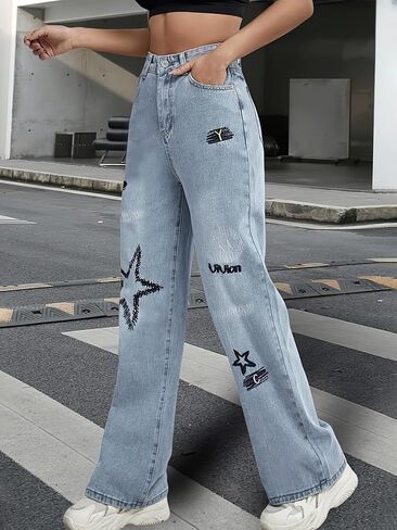 Baggy Jeans for Women Teen Girls High Waist Straight Leg Stretch Y2K Denim Pants Loose Fit Letter Print Cute Boyfriend Jeans in Kuwait