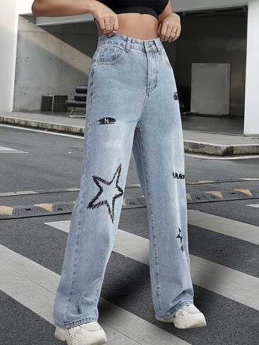 Baggy Jeans for Women Teen Girls High Waist Straight Leg Stretch Y2K Denim Pants Loose Fit Letter Print Cute Boyfriend Jeans in Kuwait
