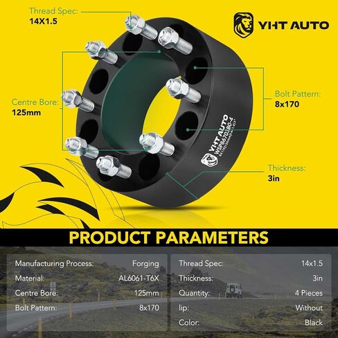 YHTAUTO 8x170mm Wheel Spacers 2 Inch Compatible with 2003-2023 Ford F-250/F-350 Super Duty, Excursion Tire Spacers w/ M14x1.5 & 12.9 Grade Studs, 50.8mm Hub Bore 8 Lug 4PCS Black Wheel Adapter in Saudi Arabia