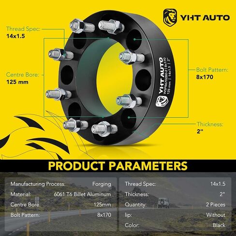 YHTAUTO 8x170mm Wheel Spacers 2 Inch Compatible with 2003-2023 Ford F-250/F-350 Super Duty, Excursion Tire Spacers w/ M14x1.5 & 12.9 Grade Studs, 50.8mm Hub Bore 8 Lug 4PCS Black Wheel Adapter in Saudi Arabia