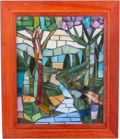 Dale Tiffany M0007SH Peacock Mosaic Art Glass Window Suncatcher لوحة حائط من الزجاج الملون وإطار من خشب البلوط الأحمر لديكور المنزل وغرفة المعيشة والمكتب، 8 بوصة × 10 بوصة in Saudi Arabia