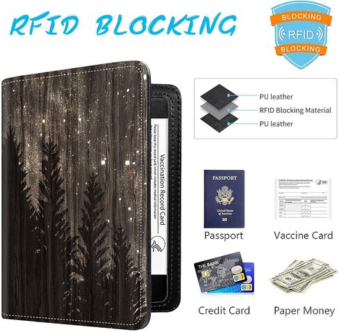 محفظة غطاء حامل جواز السفر أساسيات السفر RFID حافظة جلدية غطاء جواز السفر محفظة اللقاح فتحة بطاقة منظم للرجال والنساء، سماء مرصعة بالنجوم الخشبية in Kuwait