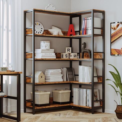 IRONCK أرفف الكتب الصناعية 5 طبقات خزائن الكتب الزاوية مع حواجز Etagere رف تخزين الرف مع إطار معدني لغرفة المعيشة المنزل والمكتب in Saudi Arabia