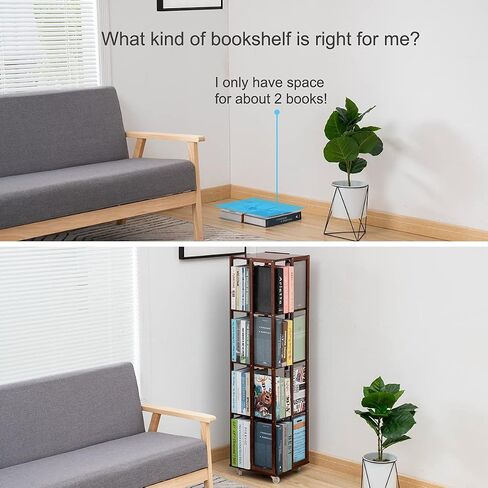 COPREE 5 Tier Rolling Bookcase, Bamboo 360 Rotating Bookshelf, Freestanding Storage Organizer Holder Book Rack with Wheels for Bedroom, Living Room Home and Office in Saudi Arabia