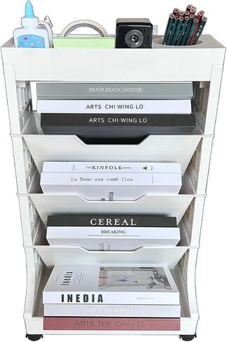 5 Tier Rolling Book Utility Cart, Removable Movable Bookshelf Organizer with Wheels, Storage Book Shelves, Book Rack, Mobile White Bookcase for Study in Classroom Home School Office in Saudi Arabia