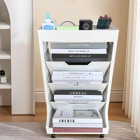 5 Tier Rolling Book Utility Cart, Removable Movable Bookshelf Organizer with Wheels, Storage Book Shelves, Book Rack, Mobile White Bookcase for Study in Classroom Home School Office in Saudi Arabia