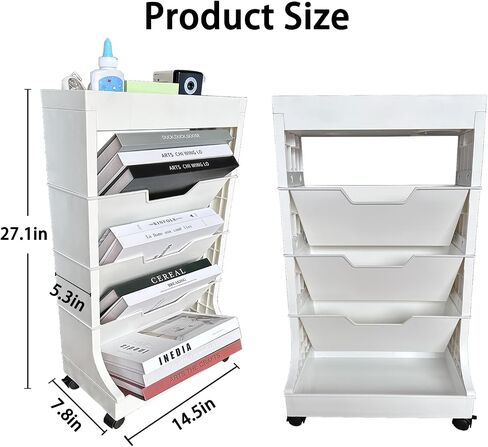 5 Tier Rolling Book Utility Cart, Removable Movable Bookshelf Organizer with Wheels, Storage Book Shelves, Book Rack, Mobile White Bookcase for Study in Classroom Home School Office in Saudi Arabia