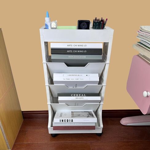 5 Tier Rolling Book Utility Cart, Removable Movable Bookshelf Organizer with Wheels, Storage Book Shelves, Book Rack, Mobile White Bookcase for Study in Classroom Home School Office in Saudi Arabia