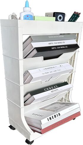 5 Tier Rolling Book Utility Cart, Removable Movable Bookshelf Organizer with Wheels, Storage Book Shelves, Book Rack, Mobile White Bookcase for Study in Classroom Home School Office in Saudi Arabia
