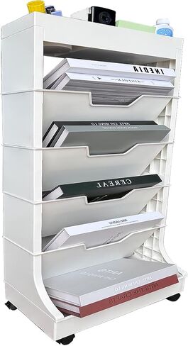 5 Tier Rolling Book Utility Cart, Removable Movable Bookshelf Organizer with Wheels, Storage Book Shelves, Book Rack, Mobile White Bookcase for Study in Classroom Home School Office in Saudi Arabia