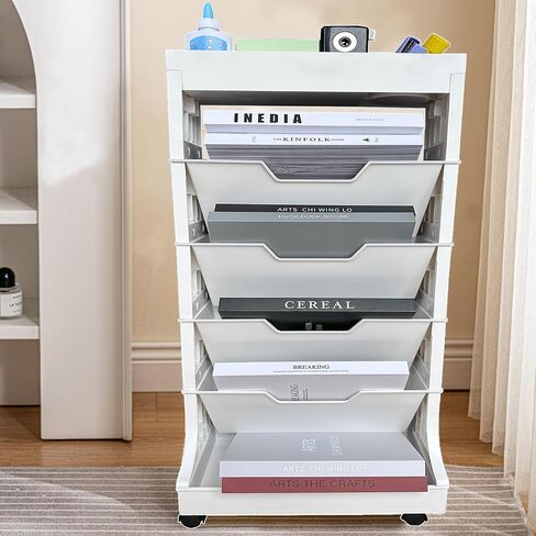 5 Tier Rolling Book Utility Cart, Removable Movable Bookshelf Organizer with Wheels, Storage Book Shelves, Book Rack, Mobile White Bookcase for Study in Classroom Home School Office in Saudi Arabia