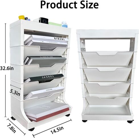 5 Tier Rolling Book Utility Cart, Removable Movable Bookshelf Organizer with Wheels, Storage Book Shelves, Book Rack, Mobile White Bookcase for Study in Classroom Home School Office in Saudi Arabia