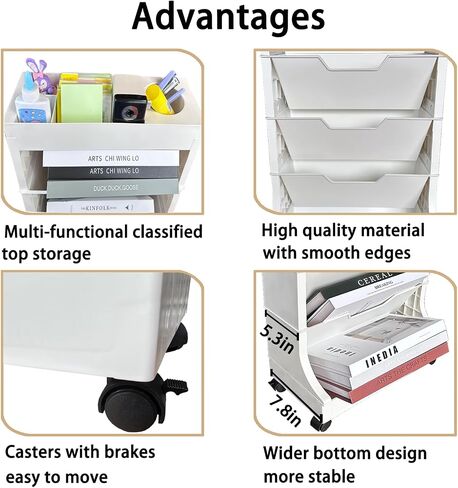 5 Tier Rolling Book Utility Cart, Removable Movable Bookshelf Organizer with Wheels, Storage Book Shelves, Book Rack, Mobile White Bookcase for Study in Classroom Home School Office in Saudi Arabia