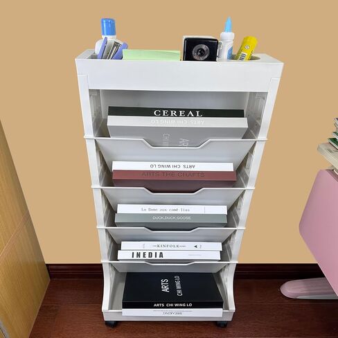 5 Tier Rolling Book Utility Cart, Removable Movable Bookshelf Organizer with Wheels, Storage Book Shelves, Book Rack, Mobile White Bookcase for Study in Classroom Home School Office in Saudi Arabia
