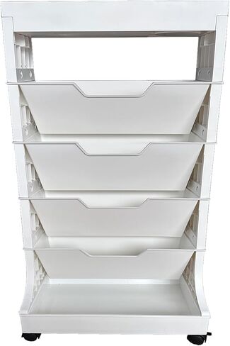 5 Tier Rolling Book Utility Cart, Removable Movable Bookshelf Organizer with Wheels, Storage Book Shelves, Book Rack, Mobile White Bookcase for Study in Classroom Home School Office in Saudi Arabia