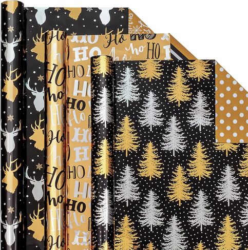 Garbendy Navy Blue Christmas Wrapping Paper 3 Rolls - Christams Tree、Reindeer、Snowflakes with Silver Glitter Metallic Foil Shine for Christmas - 17 inch X 120 inch Per roll in Saudi Arabia