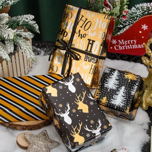 Garbendy Navy Blue Christmas Wrapping Paper 3 Rolls - Christams Tree、Reindeer、Snowflakes with Silver Glitter Metallic Foil Shine for Christmas - 17 inch X 120 inch Per roll in Saudi Arabia