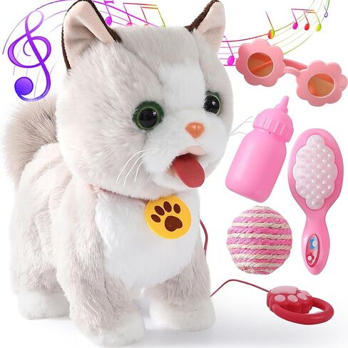 Walking Cat Set Interactive Talking Cat Toy Kitten Repeat What You Say Robot Cat Toy for Girl Singing Dancing Touch Control Cat with Leash Wagging Tail Nodding Plush Electric Ragdoll Kitty Cat for Kid in Saudi Arabia