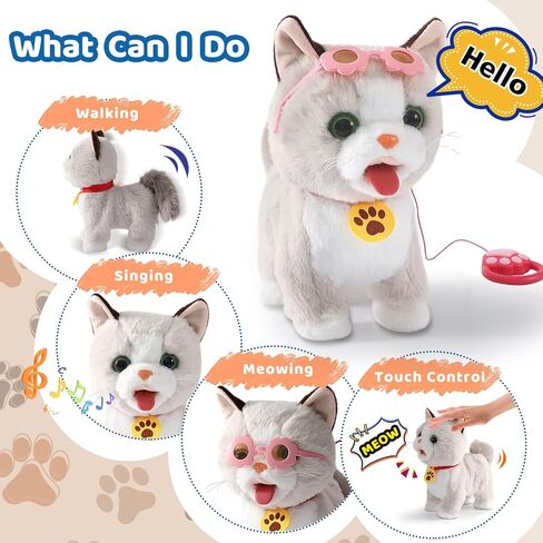 Walking Cat Set Interactive Talking Cat Toy Kitten Repeat What You Say Robot Cat Toy for Girl Singing Dancing Touch Control Cat with Leash Wagging Tail Nodding Plush Electric Ragdoll Kitty Cat for Kid in Saudi Arabia
