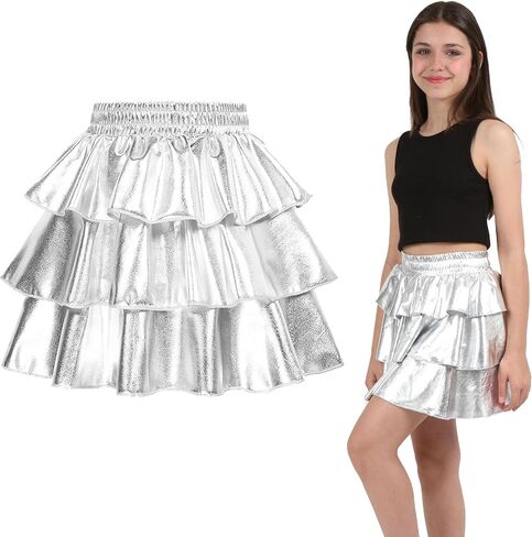 Girls Metallic Skirt 3-Layer Ruffle Sparkly Shiny Dance Party Skirt in Saudi Arabia