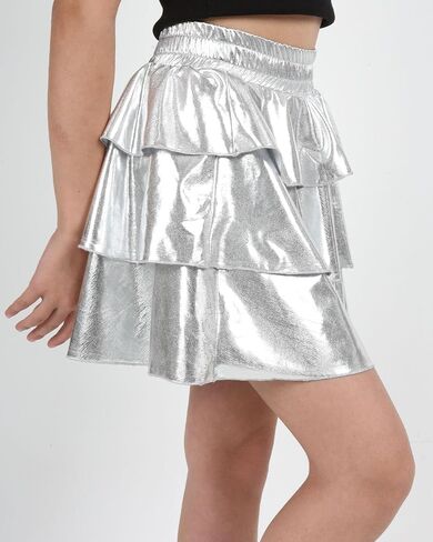 Girls Metallic Skirt 3-Layer Ruffle Sparkly Shiny Dance Party Skirt in Saudi Arabia