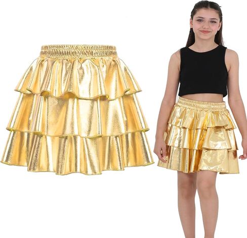 Girls Metallic Skirt 3-Layer Ruffle Sparkly Shiny Dance Party Skirt in Saudi Arabia