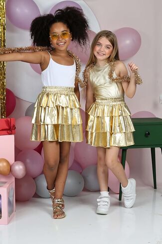 Girls Metallic Skirt 3-Layer Ruffle Sparkly Shiny Dance Party Skirt in Saudi Arabia