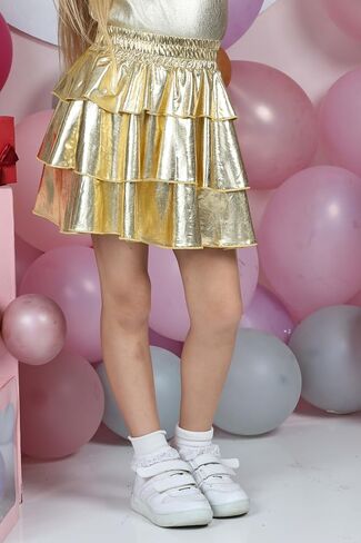 Girls Metallic Skirt 3-Layer Ruffle Sparkly Shiny Dance Party Skirt in Saudi Arabia