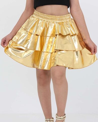 Girls Metallic Skirt 3-Layer Ruffle Sparkly Shiny Dance Party Skirt in Saudi Arabia