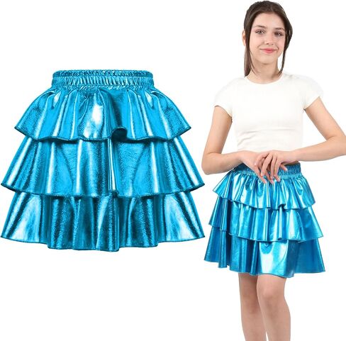 Girls Metallic Skirt 3-Layer Ruffle Sparkly Shiny Dance Party Skirt in Saudi Arabia