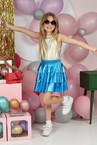 Girls Metallic Skirt 3-Layer Ruffle Sparkly Shiny Dance Party Skirt in Saudi Arabia